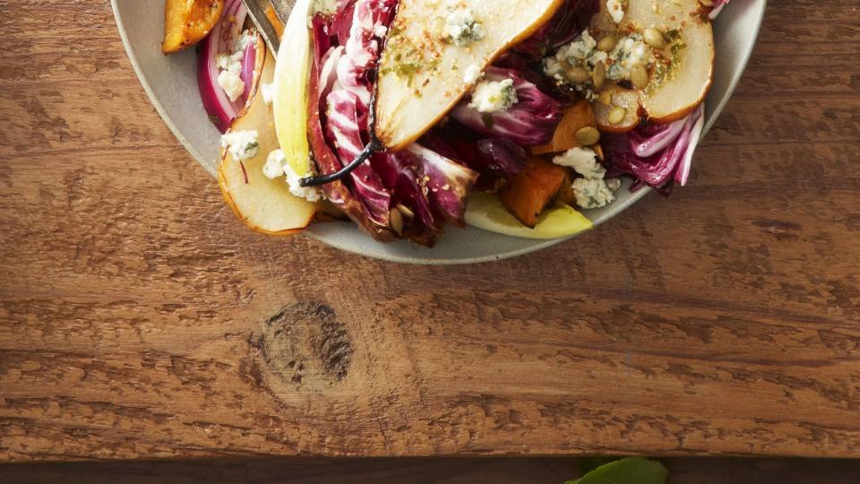 roasted pear, sweet potato, and radicchio salad