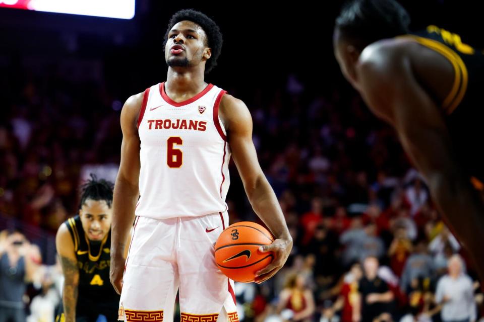 USC guard Bronny James prepares to take a free throw against Long Beach State on Dec. 10.