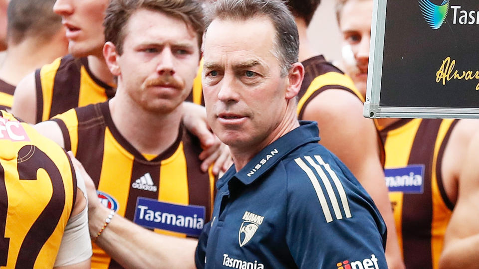 Alastair Clarkson, pictured here after his final address to Hawthorn players at three-quarter time against Richmond.