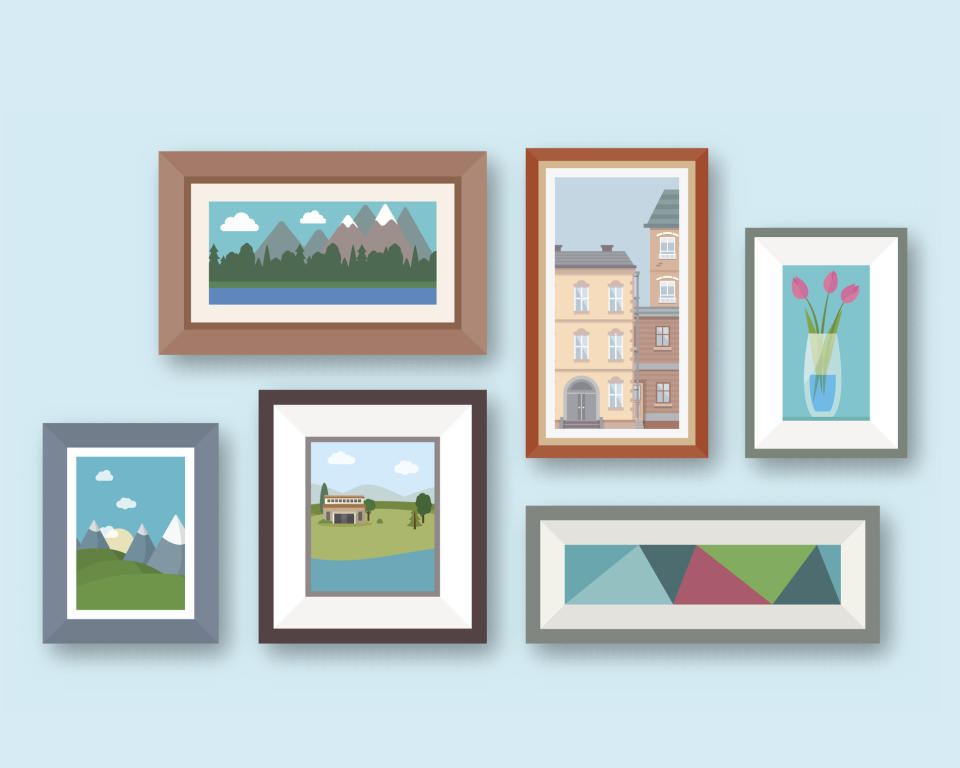 Framed photos on a wall