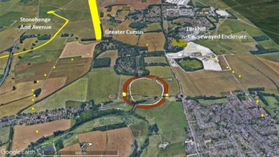Yellow dots represent locations of the shafts, and red circle marks Durrington Walls (University of St Andrews)