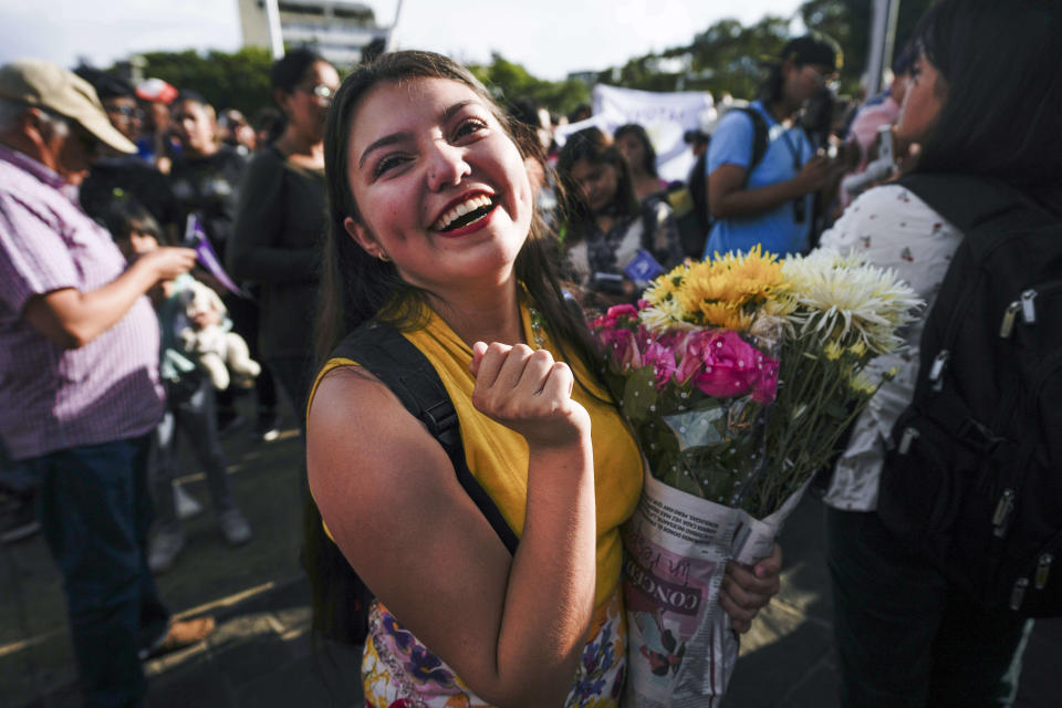 Semilla party congresswoman-elect Elena Motta celebrates with supporters at Constitution Square in Guatemala City, Monday, June 26, 2023. Semilla's presidential candidate Bernardo Arevalo and former first lady Sandra Torres of the UNE party are going to an Aug. 20 presidential runoff. (AP Photo/Moises Castillo)