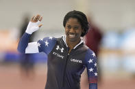 United States' Erin Jackson waves after the women's 500 meters World Cup speedskating race at the Utah Olympic Oval Friday, Dec. 3, 2021, in Kearns, Utah. (AP Photo/Rick Bowmer)