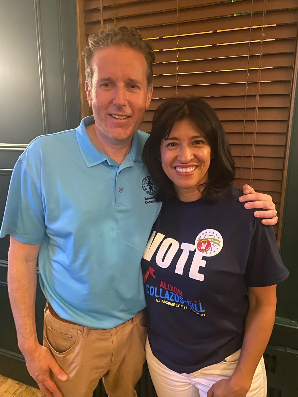 Alixon Collazos-Gill and her husband Brendan Gill at an election day celebration at Just Jake's in Montclair on June 6, 2023.