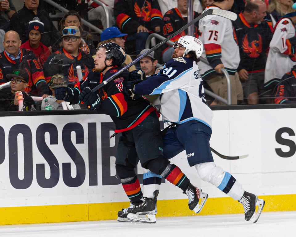 The action gets intense during the third period of Game 6 of the AHL Western Conference Finals between the Coachella Valley Firebirds and the Milwaukee Admirals on June 5, 2023.