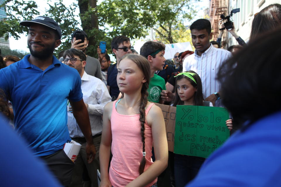 Swedish environmental activist Greta Thunberg participates in a Youth Climate Strike outside the United Nations, Friday, Aug. 30, 2019 in New York. Thunberg is scheduled to address the United Nations Climate Action Summit on September 23. (AP Photo/Mary Altaffer)