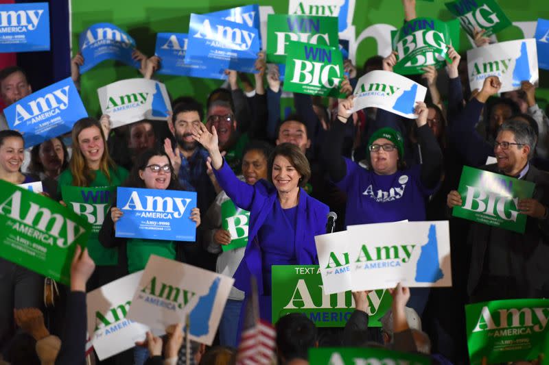U.S. Democratic presidential candidate Senator Klobuchar greets supporters at her New Hampshire primary night rally in Concord