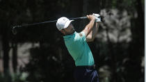 Abraham Ancer of Mexico hits off the second tee during the third round of the RBC Heritage golf tournament, Saturday, June 20, 2020, in Hilton Head Island, S.C. (AP Photo/Gerry Broome)