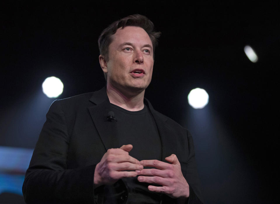 FILE - In this March 14, 2019 file photo, Tesla CEO Elon Musk speaks before unveiling the Model Y at the company's design studio in Hawthorne, Calif. Musk will face the electric car maker's shareholders during the company's annual meeting on Tuesday, June 11. (AP Photo/Jae C. Hong, File)