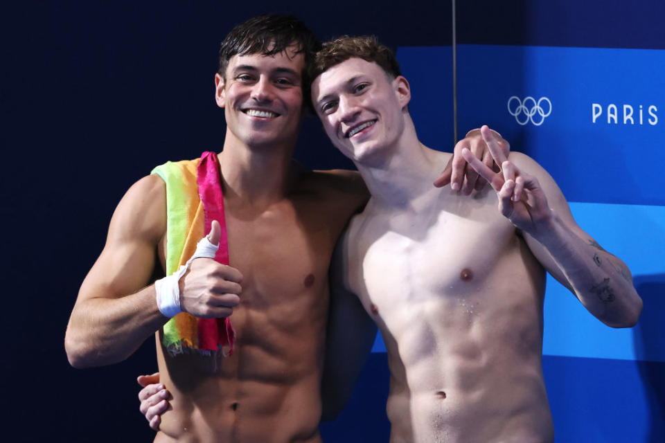 Tom Daley and Noah Williams of the British team won silver in the men's 10-meter synchronized diving at the 2024 Olympic Games in Paris