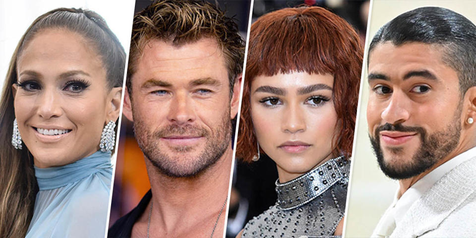 Jennifer Lopez, Chris Hemsworth, Zendaya and Bad Bunny. (AP, Getty Images)