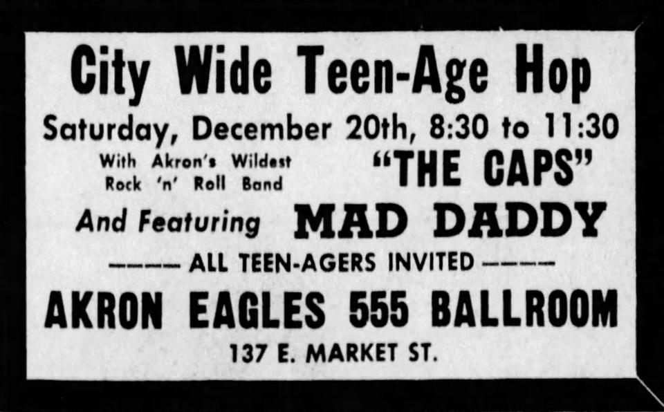 A 1958 Beacon Journal advertisement touts radio personality Mad Daddy’s appearance at a teen dance.