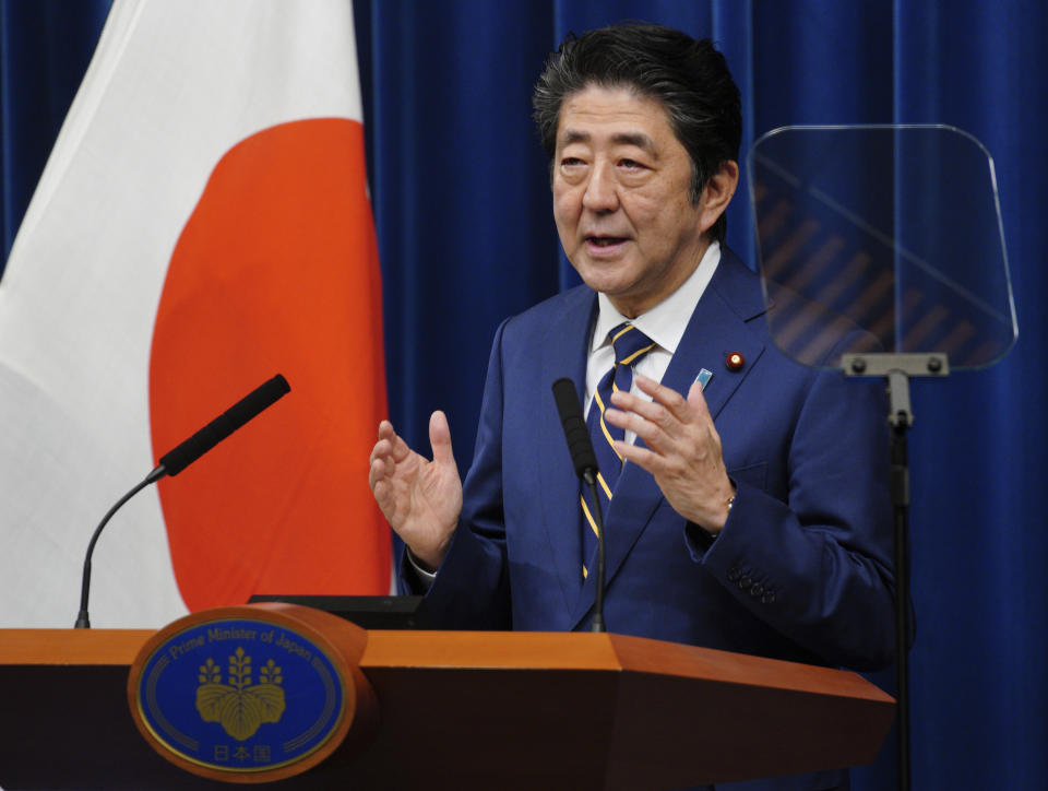 Japanese Prime Minister Shinzo Abe delivers a speech during a press conference at the prime minister's official residence Monday, Dec. 10, 2018, in Tokyo. (AP Photo/Eugene Hoshiko)