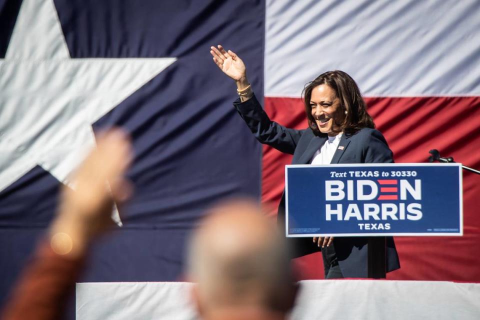 Democratic vice presidential nominee Kamala Harris greets supporters during her visit Friday, Oct. 30, 2020, in Fort Worth.