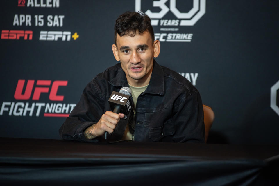 KANSAS CITY, MISSOURI - APRIL 12: Max Holloway addresses the media for UFC Fight Night Kansas City at on April 12, 2023, at T-Mobile Center in Kansas City, Missouri. (Photo by Matt Davies/PxImages/Icon Sportswire via Getty Images)