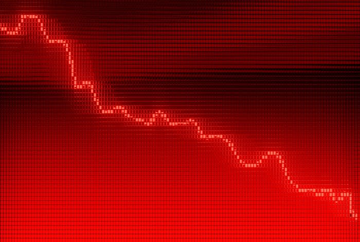 A declining stock chart on a red background.