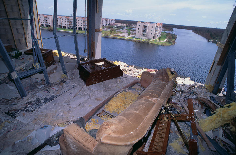 <p>An apartment destroyed by Hurricane Andrew overlooks a Miami waterway. (Steve Starr/CORBIS/Corbis via Getty Images) </p>