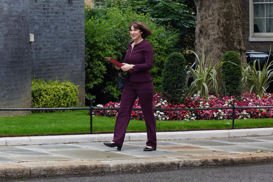 LONDON, ENGLAND - JULY 6:  Chancellor of the Exchequer Rachel Reeves makes her way to Number 10 for her first day as a cabinet minister at Downing Street on July 6, 2024 in London, England. (Photo by Alex McBride/Getty Images)