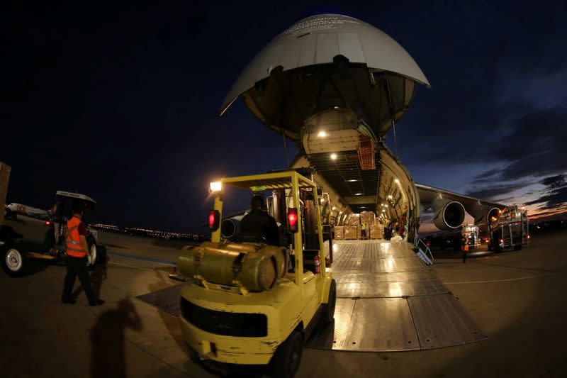 An Antonov An-124 cargo plane with masks from China ordered by Brazil, is seen after arrival at Brasilia's airpot, amid the coronavirus disease (COVID-19) outbreak