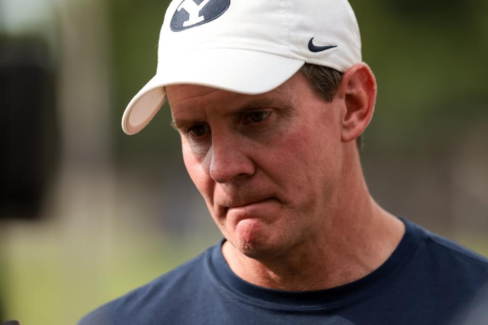 BYU Cougars football defensive coordinator Jay Hill talks to journalists after practice at Brigham Young University in Provo on Tuesday, Aug. 1, 2023. | Spenser Heaps, Deseret News