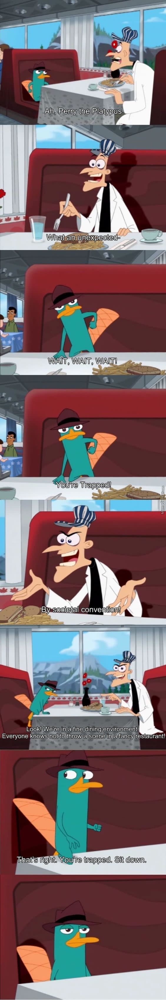 Animated characters from "Phineas and Ferb" engaging in conversation, including Perry the Platypus as Agent P