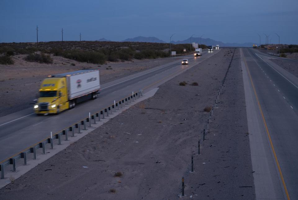 Interstate 10 facing east towards Sierra Blanca, Texas. The Padilla family has to drive over an hour to El Paso from Fort Hancock for all their healthcare appointments. Fort Hancock on November 28, 2023.