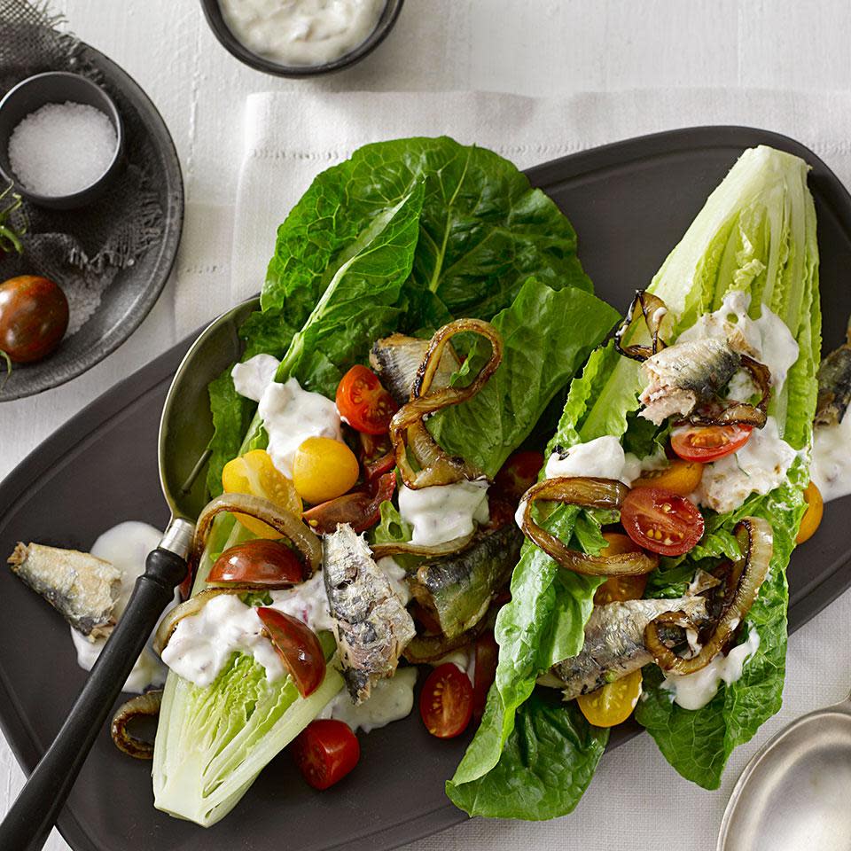 Romaine Wedges with Sardines & Caramelized Onions