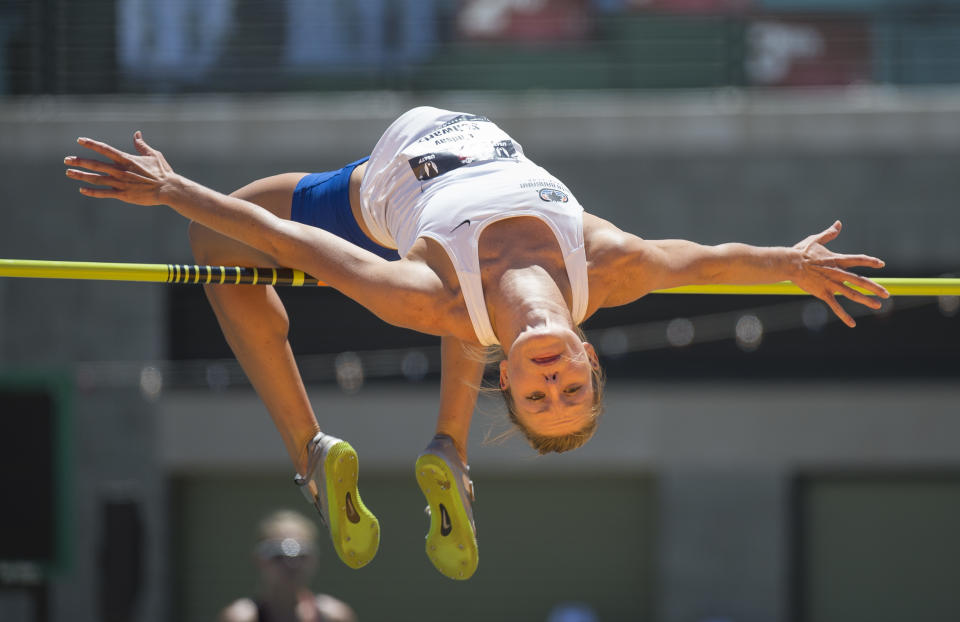 Lindsay Flach, then Lindsay Schwartz, competes in the high jump at the 2014 USA Track and Field Championships. (Photo by Christopher Morris/Corbis via Getty Images)