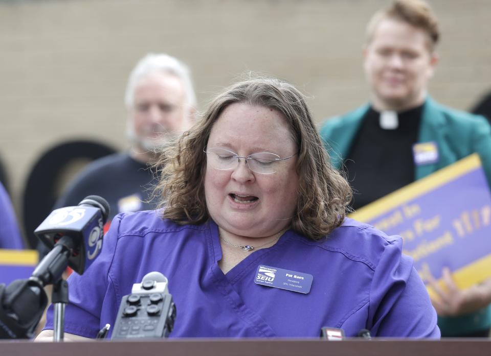 Barbara Raes, a Madison nurse and president of SEIU Wisconsin, makes opening comments as hospital workers at ThedaCare in Appleton speak about wages, call for better jobs and increased staffing during a press conference Tuesday, August 29, 2023, at ThedaCare Regional Medical Center Appleton in Appleton, Wis.