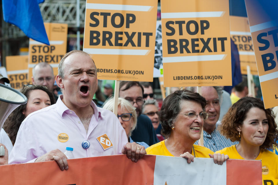 Liberal Democrats leadership contender Sir Ed Davey joins tens of thousands of pro-European protesters in London.