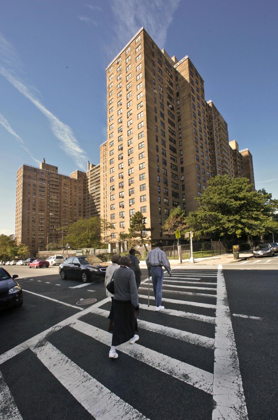 Ebbets Field Apartments, once home to the Brooklyn Dodgers and now home to thousands, is viewed from where second base would have been, Wednesday, Sept. 19, 2012 in Brooklyn, N.Y. After decades without a professional sports team following the Dodgers move west, Brooklyn is hitting the major leagues again with a new arena and the Brooklyn Nets' NBA franchise. (AP Photo/Bebeto Matthews)