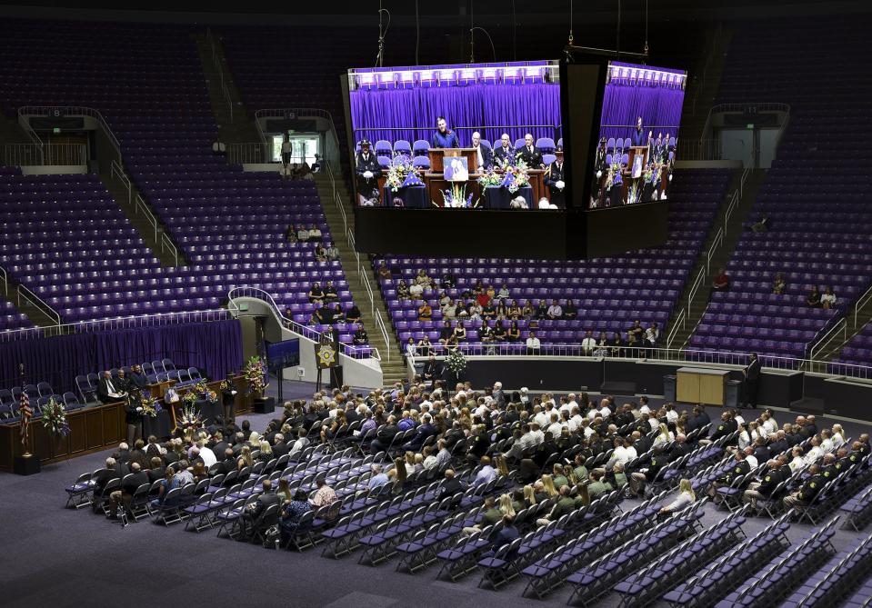 Daniel Peterson, brother of deputy Jennifer Turner, speaks during the memorial service for Cpl. Steven Lewis and Deputy Jennifer Turner at the Dee Events Center in Ogden on Friday, July 14, 2023. Lewis and Turner were killed in a wrong-way crash near the intersection of South Weber Drive and Canyon Meadows Drive on Monday, July 3. | Laura Seitz, Deseret News