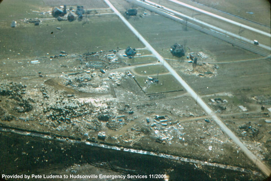 An aerial photo shows the path of destruction left by the 1956 Hudsonville-Standale tornado. (via NWS)