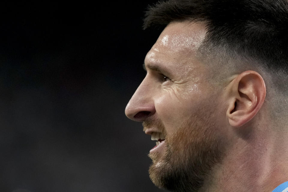 Argentina's Lionel Messi reacts during a Copa America Group A soccer match against Chile in East Rutherford, N.J., Tuesday, June 25, 2024. (AP Photo/Pamela Smith)