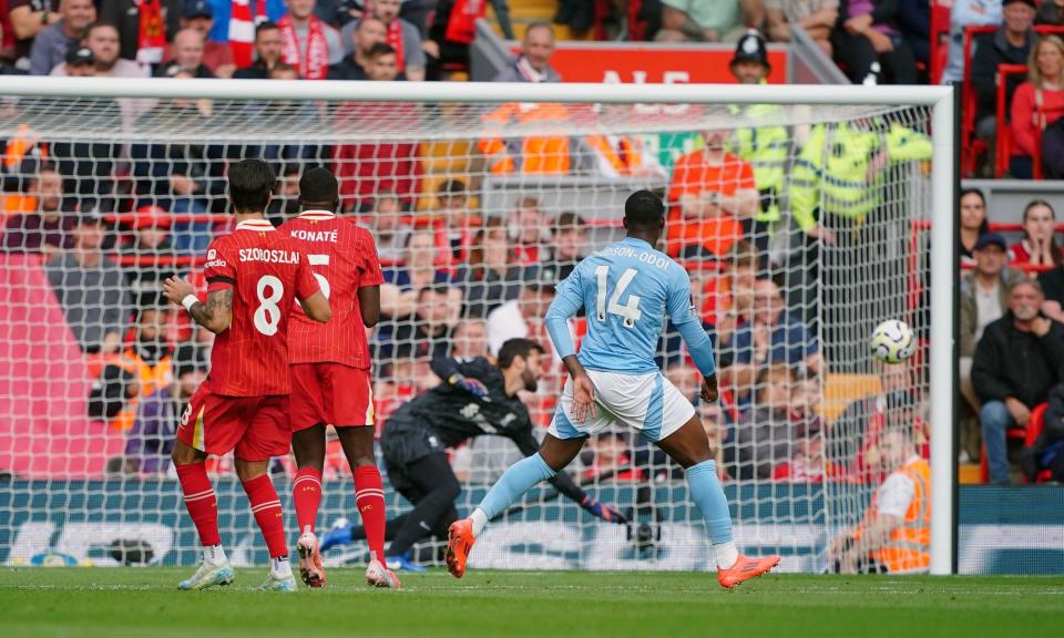 <span>Callum Hudson-Odoi scores Nottingham Forest’s winner at Anfield.</span><span>Photograph: Peter Byrne/PA</span>