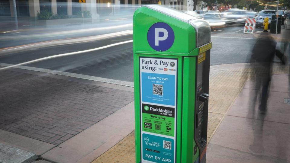 Parking kiosks have replaced parking meters in the core of downtown San Luis Obispo Oct. 26, 2023. Parking is paid for via app or credit card.