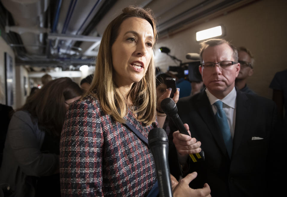 FILE - In this Sept. 24, 2019, file photo Rep. Mikie Sherrill, D-N.J., talks to reporters at the Capitol in Washington. As President Donald Trump tries to moves on from the coronavirus, Congress is rushing to fill the void and prepare the country for the long fight ahead. “This is going to be on us,” said Sherrill, D-N.J. (AP Photo/J. Scott Applewhite, File)