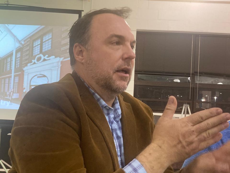 Todd Cyrulik, the principal designer with BLDD Architects, makes a point during a presentation on reconstruction plans for Springfield High School at the SHS Commons Tuesday. Construction on the project, estimated at $123 million, is set to begin in the spring.