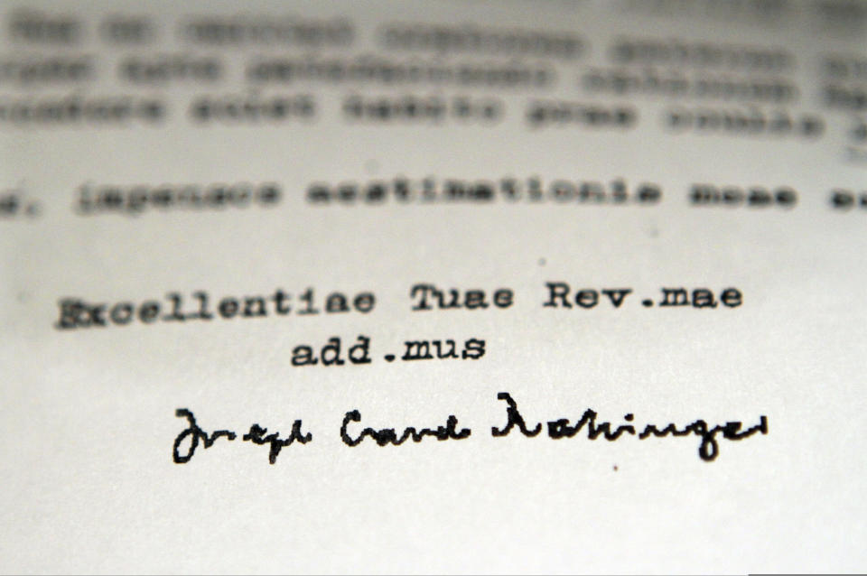 FILE - This April 9, 2010 file photo shows a detail of a 1985 letter obtained by the Associated Press signed by then-Cardinal Joseph Ratzinger, then-head of the Vatican's Congregation for the Doctrine of the Faith, part of years of correspondence between the Vatican and the Oakland, Calif., diocese. Pope Benedict XVI rarely got credit for having turned the Vatican around on clergy sexual abuse, but as cardinal and pope, he pushed through revolutionary changes to church law to make it easier to defrock predator priests. (AP Photo/Kim Johnson, File)