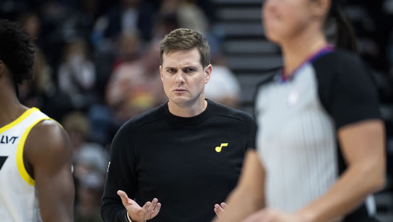 Utah Jazz coach Will Hardy reacts to an official’s call during preseason game against the Portland Trail Blazers, Saturday, Oct. 14, 2023, in Salt Lake City. 