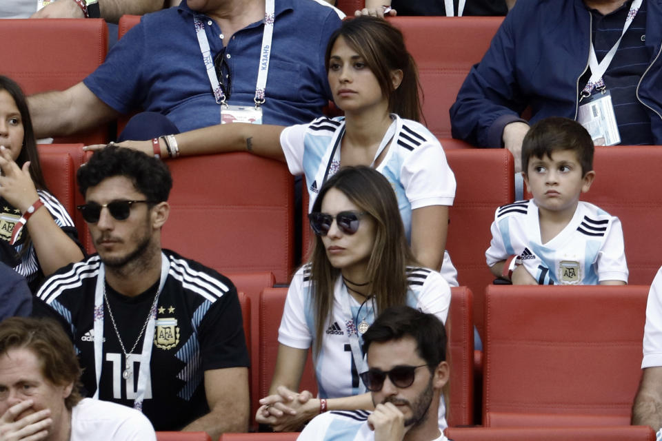 <p>Antonella Roccuzzo, wife of Argentina’s Lionel Messi, in the stands with their sons Mateo Messi and Ciro Messi attend the Football World Cup, France vs Argentina at the Kazan Arena, in Russia, on June 30, 2018. (Photo by Mehdi Taamallah / Nurphoto) </p>