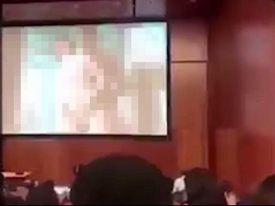 A University of Toronto lecturer has shown pornography to a lecture theatre full of students leading to chaos. Source: Snapchat/ The Sun