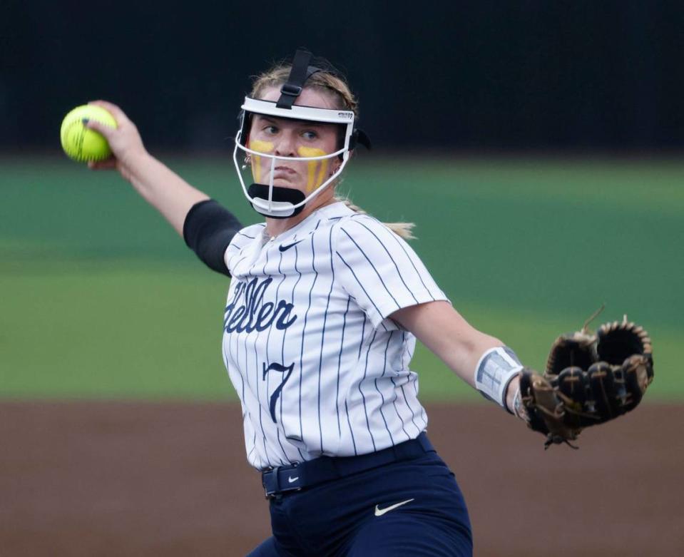 Keller pitcher Sadie Beck (7) works in he second inning during the Conference 6A Region 1 Regional Finals at Coppell Softball Field in Coppell, Texas, Saturday May 25, 2024.