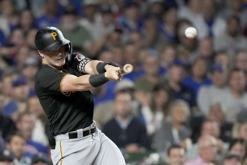 Pittsburgh Pirates' Henry Davis hits a two-run single off Chicago Cubs starting pitcher Justin Steele during the fourth inning of a baseball game Wednesday, Sept. 20, 2023, in Chicago. (AP Photo/Charles Rex Arbogast)