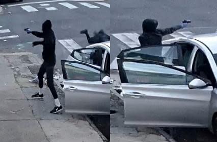 Two of the surveillance photos released by Philadelphia police of a shooting outside an elementary school on the evening of Feb. 23, 2023. / Credit: Philadelphia Police Department / CBS Philadelphia