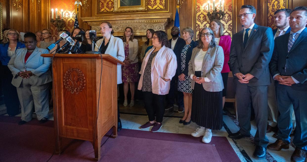 Assembly Minority Leader Greta Neubauer (D-Racine) speaks during a news conference by Assembly Democrats Thursday, September 14, 2023 at the Capitol in Madison, Wis.