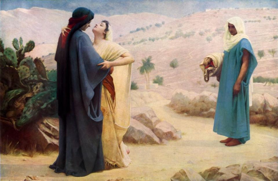 ‘Ruth and Naomi’ (1886), by Philip Hermogenes Calderon, shows Ruth embracing her mother-in-law, Naomi, and pleading to go to Bethlehem with her. <a href="https://www.gettyimages.com/detail/news-photo/ruth-and-naomi-ruth-embracing-her-mother-in-law-naomi-with-news-photo/1160945835?adppopup=true" rel="nofollow noopener" target="_blank" data-ylk="slk:Photo by The Print Collector/Hulton Archive via Getty Images;elm:context_link;itc:0;sec:content-canvas" class="link ">Photo by The Print Collector/Hulton Archive via Getty Images</a>