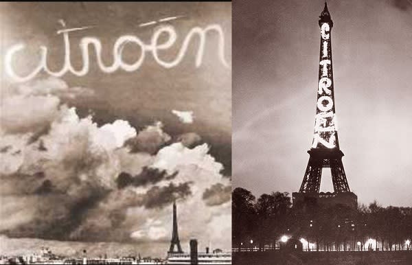 André Citroën contrató anuncios de su empresa en la Torre Eiffel y mandó escribir el nombre en el cielo por una avioneta (imagen vía Wikimedia commons)