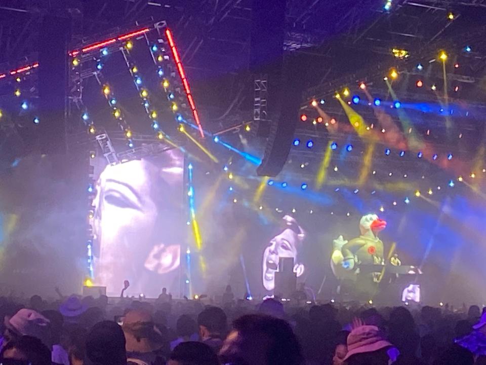 Duck Sauce pays tribute to Barbra Streisand on her 80th birthday at the Coachella Valley Music and Arts Festival on Sunday, April 24, 2022, in Indio, Calif.