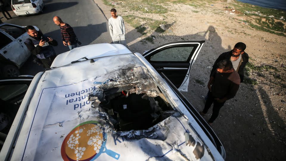 The second car, which had fire damage and a hole through its WCK-marked roof, was located around 800 meters down the same road. - Majdi Fathi/NurPhoto/Getty Images